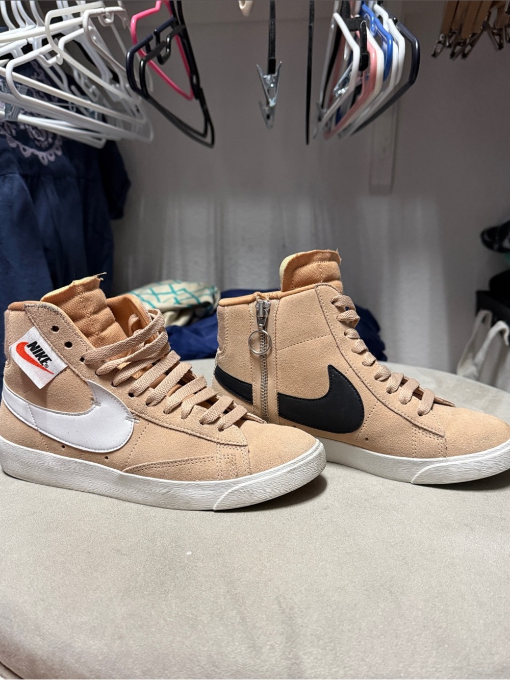 Nike Women’s High-Top Sneakers in Tan with Black & White Swooshes